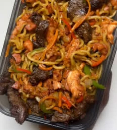 Loaded stir-fried noodles with beef and chicken
