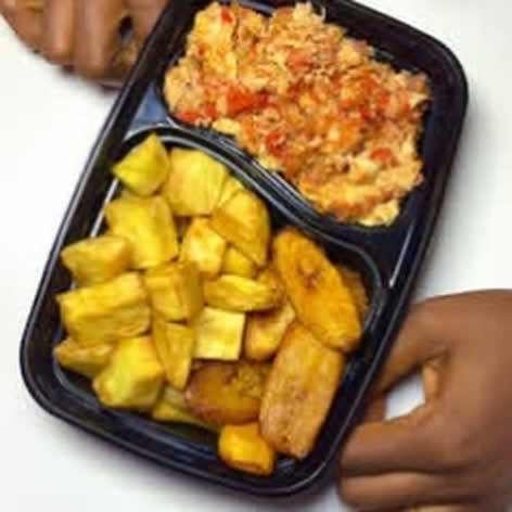 Fried yam and plantain with egg sauce